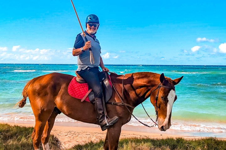 Person on horseback holding a polo mallet, standing on a beach with ocean in background.