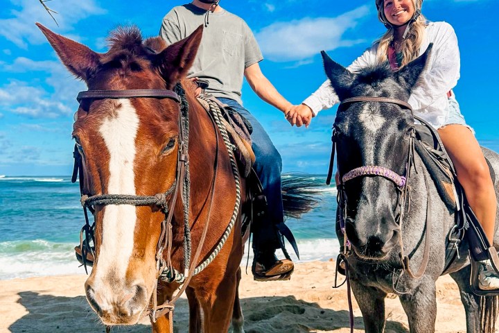 a man riding a horse on a beach