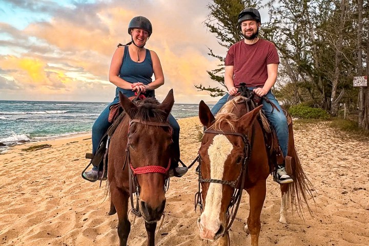 a group of people riding on the back of a horse