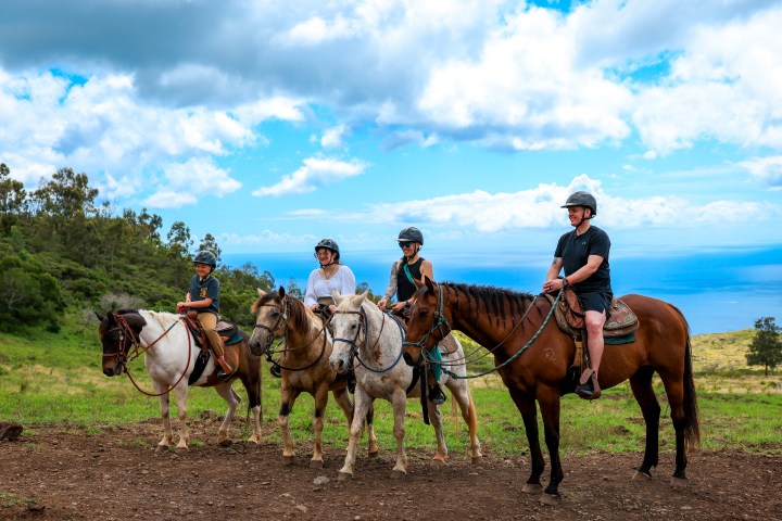 Four people riding horses on a grassy hill with a view of the ocean and clouds.