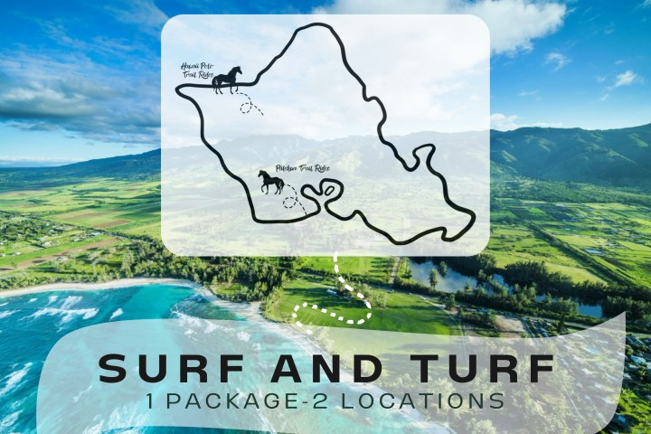 Aerial view of coastline with map overlay and 'Surf and Turf, 1 Package-2 Locations' text.