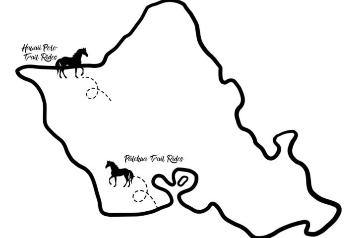 Map outline with horse icons labeled 'Hawaii Polo' and 'Pa'lehua Trail Rides'.