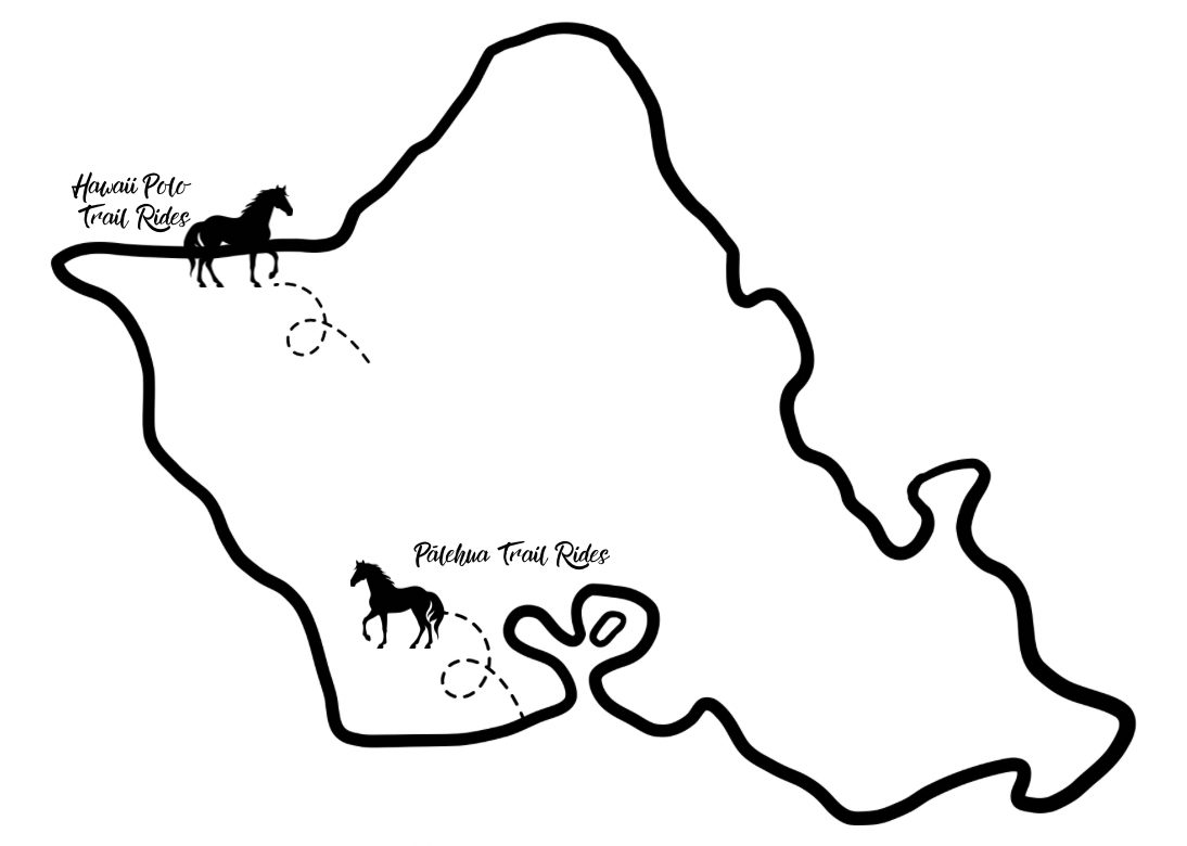 Map outline with horse icons labeled 'Hawaii Polo' and 'Pa'lehua Trail Rides'.