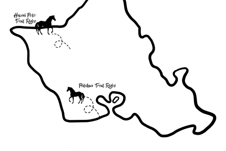 Map outline with horse icons labeled 'Hawaii Polo' and 'Pa'lehua Trail Rides'.