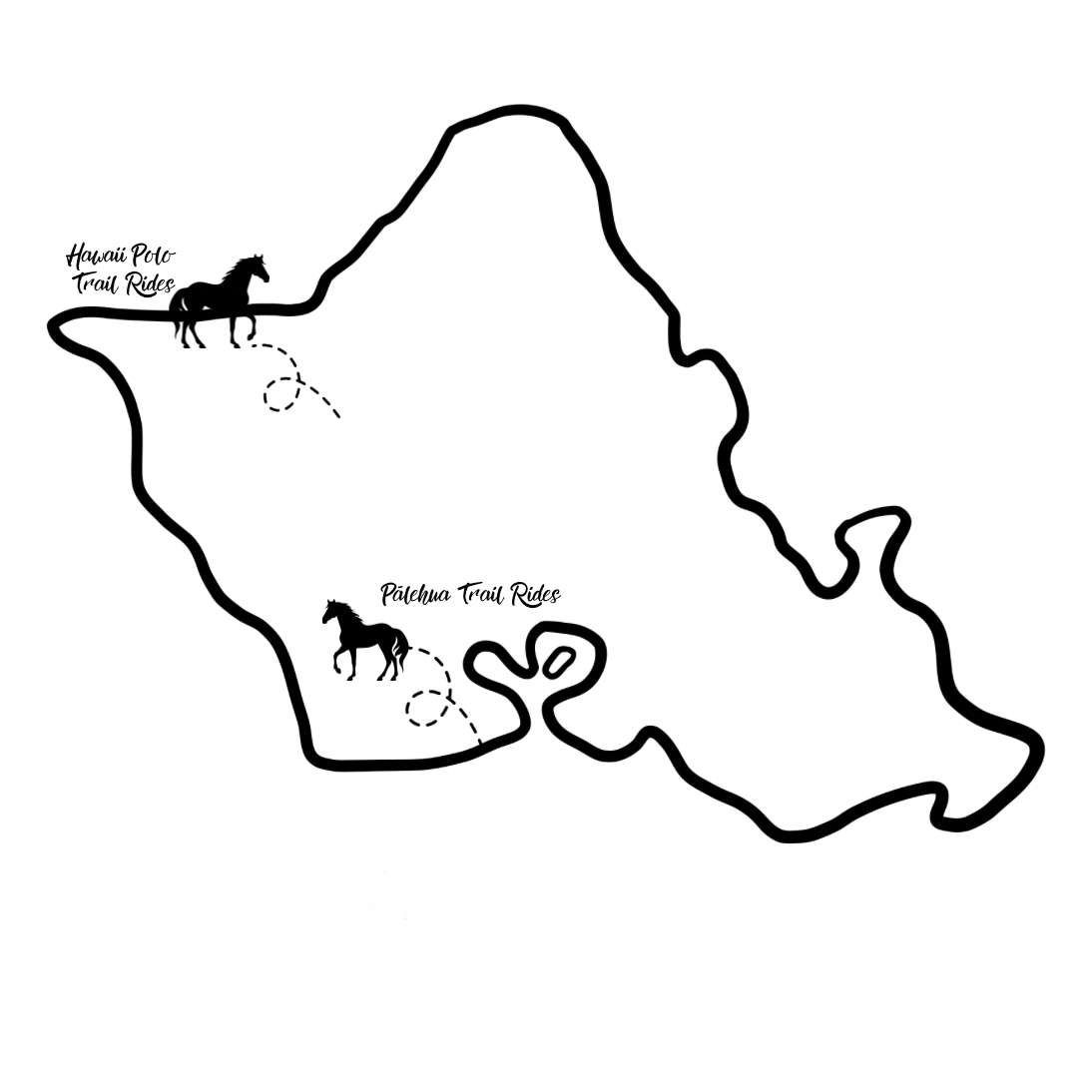 Map outline with horse icons labeled 'Hawaii Polo' and 'Pa'lehua Trail Rides'.