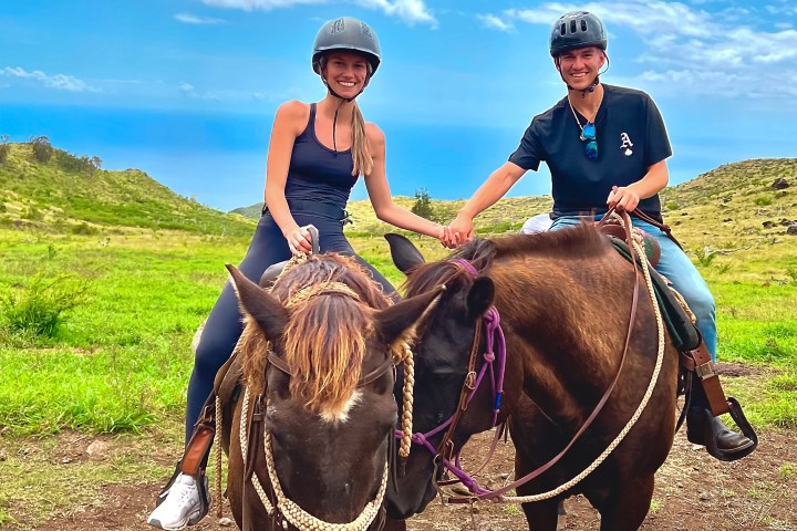 Two people on horseback in a grassy landscape with a blue sky.