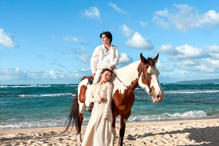 Person on horseback and another standing on a sunny beach with a clear sky.