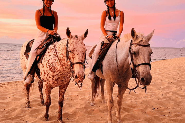 Two people on horseback riding along a beach at sunset.