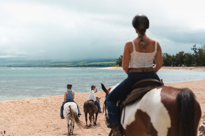 People riding horses on a sandy beach with ocean and cloudy sky.