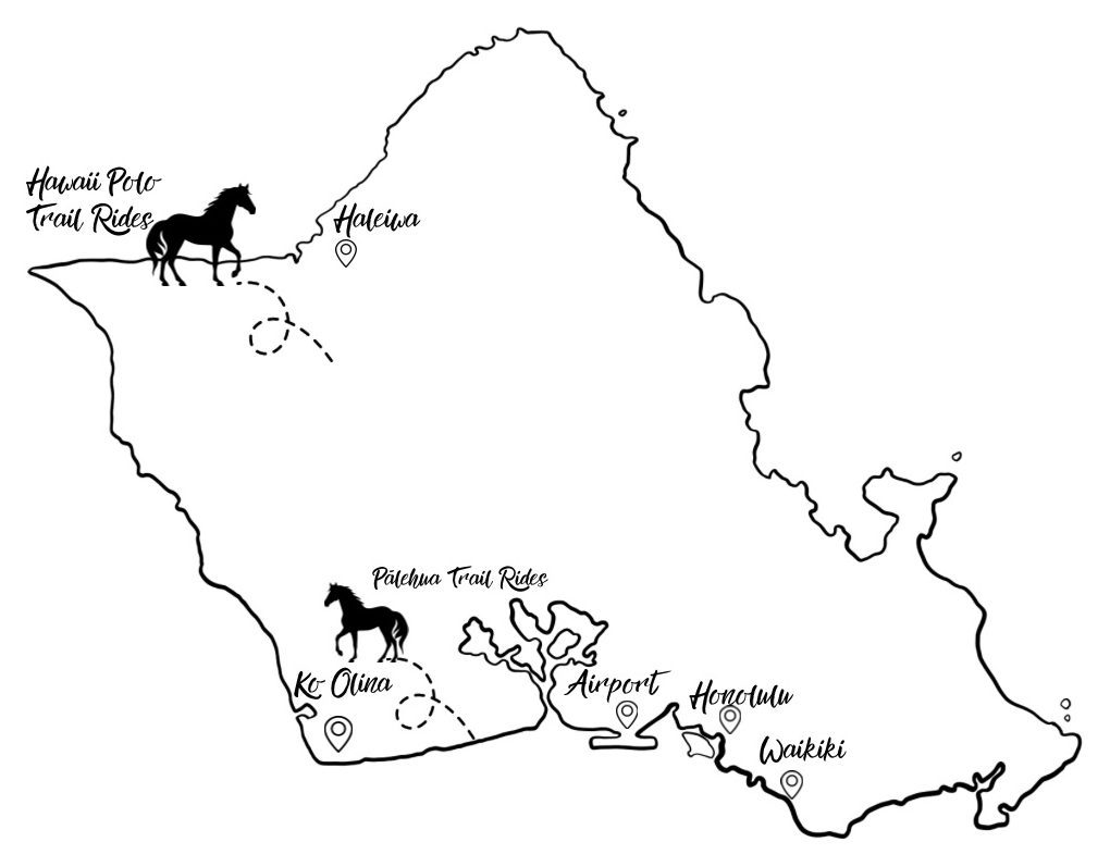 Map of Oahu with horse trail locations marked.